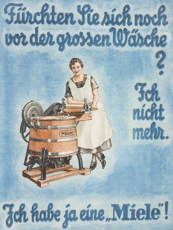 Eine Werbetafel der Firma Miele aus dem Jahr 1905, die eine Waschmaschine bewirbt