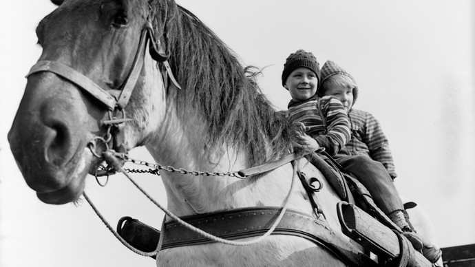 2 Kinder sitzen auf einen Pferd