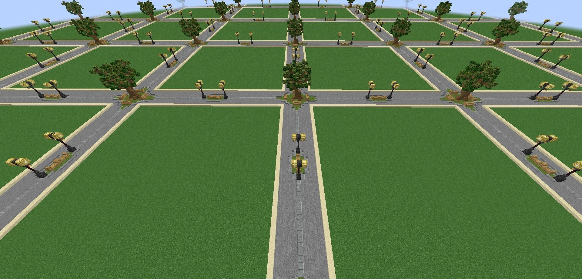 Minecraft Screenshot einer grünen Landschaft mit Straßen